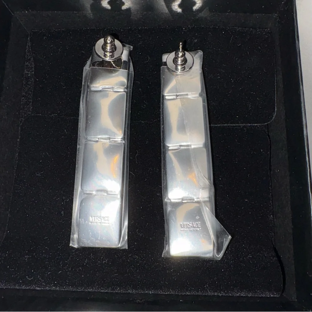 Versace x Dua Lipa Logo Letter Drop Earrings Silver Blocks Medusa NIB $925retail - Picture 6 of 8